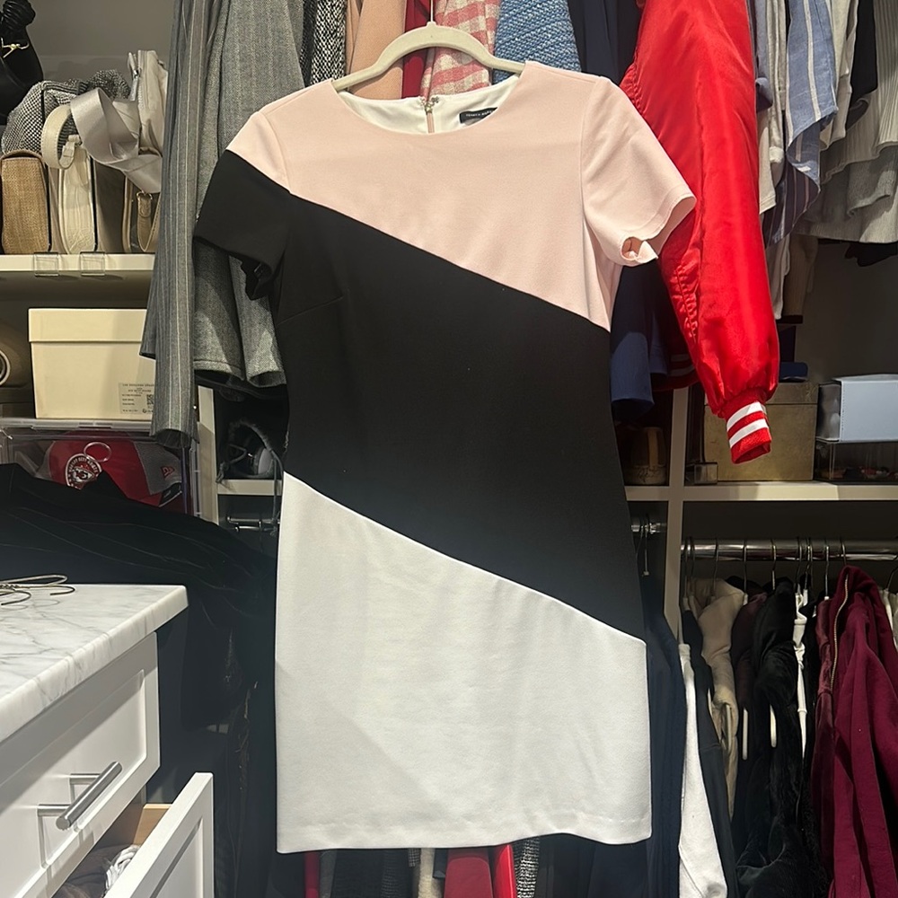 Chic Color Block Dress in Pink, Black, and White